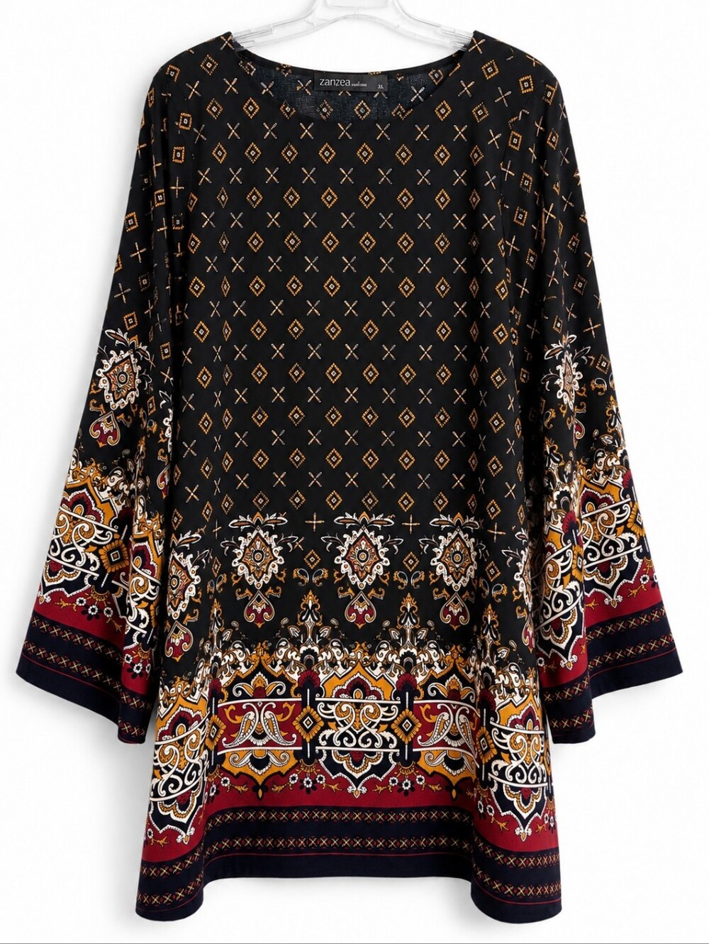 Zanzea XL Boho Tunic Dress Black Burgundy Gold Border Print Bell Sleeve
